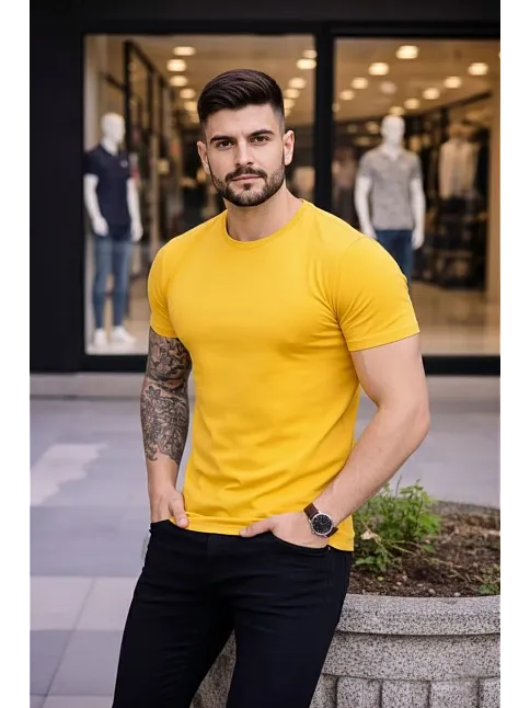 Erkek T-shirt Bisiklet Yaka Slim Fit Dar Kesim Likralı Tişört Günlük Basic Body - Sarı