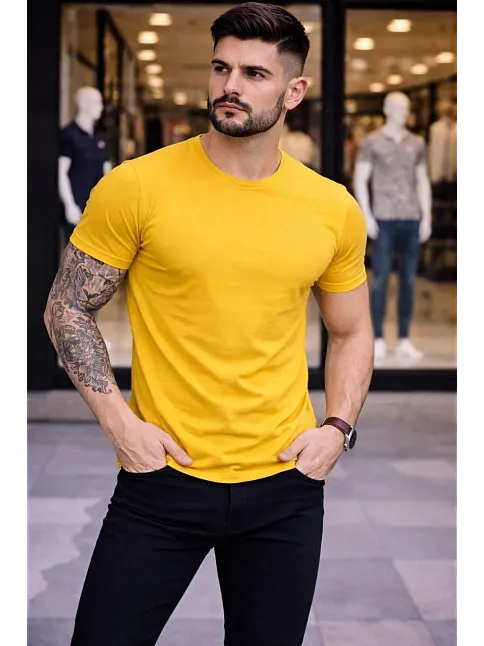 Erkek T-shirt Bisiklet Yaka Slim Fit Dar Kesim Likralı Tişört Günlük Basic Body - Sarı
