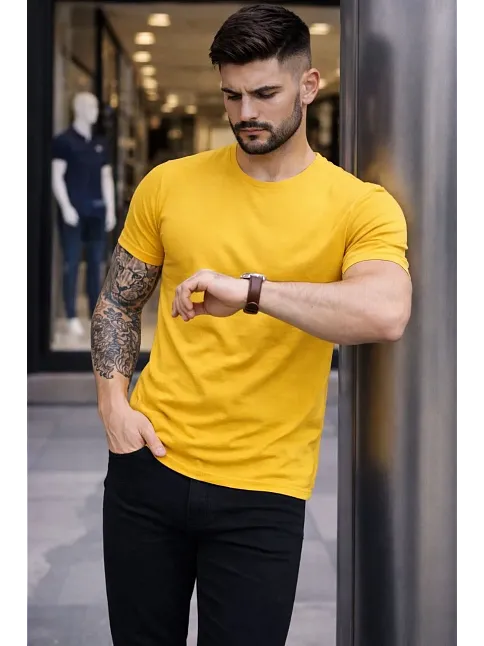 Erkek T-shirt Bisiklet Yaka Slim Fit Dar Kesim Likralı Tişört Günlük Basic Body - Sarı