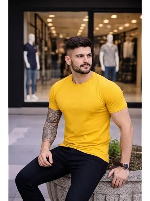Erkek T-shirt Bisiklet Yaka Slim Fit Dar Kesim Likralı Tişört Günlük Basic Body - Sarı
