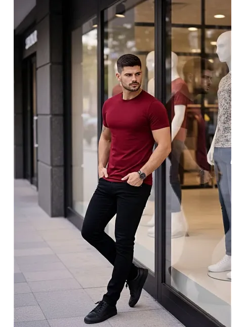 Erkek T-shirt Bisiklet Yaka Slim Fit Dar Kesim Likralı Tişört Günlük Basic Body - Bordo