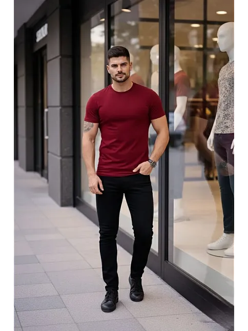 Erkek T-shirt Bisiklet Yaka Slim Fit Dar Kesim Likralı Tişört Günlük Basic Body - Bordo