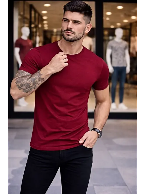Erkek T-shirt Bisiklet Yaka Slim Fit Dar Kesim Likralı Tişört Günlük Basic Body - Bordo