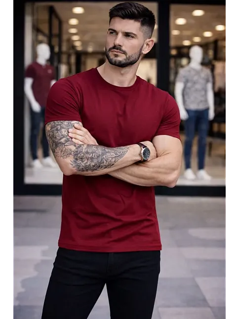 Erkek T-shirt Bisiklet Yaka Slim Fit Dar Kesim Likralı Tişört Günlük Basic Body - Bordo