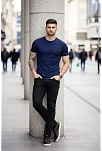 Erkek T-shirt Bisiklet Yaka Slim Fit Dar Kesim Likralı Tişört Günlük Basic Body - Lacivert
