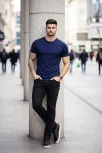 Erkek T-shirt Bisiklet Yaka Slim Fit Dar Kesim Likralı Tişört Günlük Basic Body - Lacivert