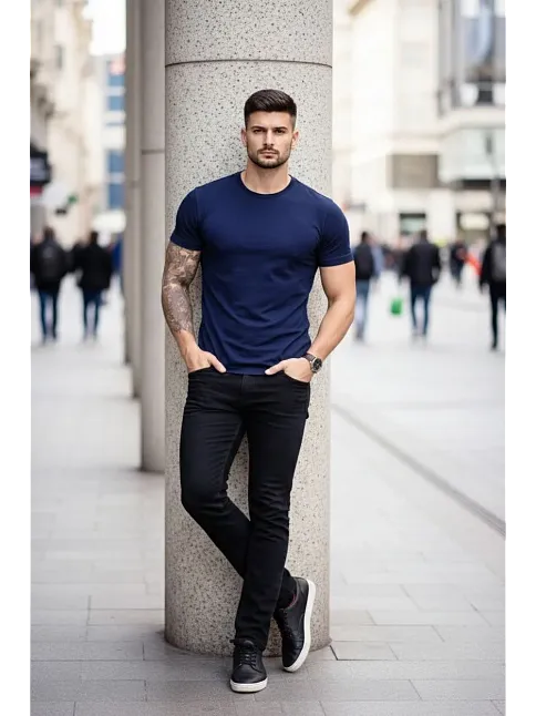 Erkek T-shirt Bisiklet Yaka Slim Fit Dar Kesim Likralı Tişört Günlük Basic Body - Lacivert