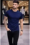 Erkek T-shirt Bisiklet Yaka Slim Fit Dar Kesim Likralı Tişört Günlük Basic Body - Lacivert