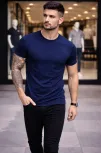 Erkek T-shirt Bisiklet Yaka Slim Fit Dar Kesim Likralı Tişört Günlük Basic Body - Lacivert