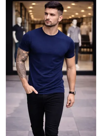 Erkek T-shirt Bisiklet Yaka Slim Fit Dar Kesim Likralı Tişört Günlük Basic Body - Lacivert