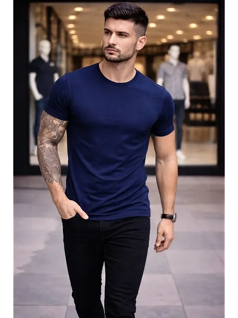 Erkek T-shirt Bisiklet Yaka Slim Fit Dar Kesim Likralı Tişört Günlük Basic Body - Lacivert