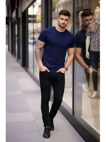 Erkek T-shirt Bisiklet Yaka Slim Fit Dar Kesim Likralı Tişört Günlük Basic Body - Lacivert Erkek T-shirt Bisiklet Yaka Slim Fit Dar Kesim Likralı Tişört Günlük Basic Body - Lacivert