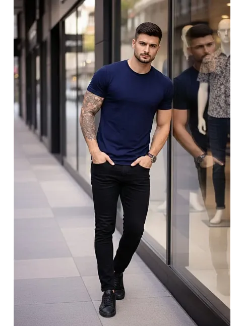 Erkek T-shirt Bisiklet Yaka Slim Fit Dar Kesim Likralı Tişört Günlük Basic Body - Lacivert