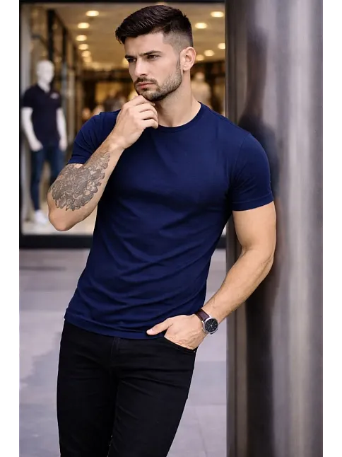 Erkek T-shirt Bisiklet Yaka Slim Fit Dar Kesim Likralı Tişört Günlük Basic Body - Lacivert