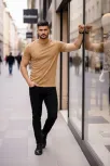 Erkek T-shirt Bisiklet Yaka Slim Fit Dar Kesim Likralı Tişört Günlük Basic Body - Kahverengi