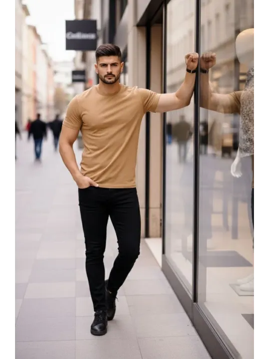 Erkek T-shirt Bisiklet Yaka Slim Fit Dar Kesim Likralı Tişört Günlük Basic Body - Kahverengi