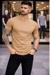 Erkek T-shirt Bisiklet Yaka Slim Fit Dar Kesim Likralı Tişört Günlük Basic Body - Kahverengi