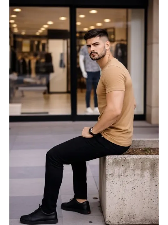 Erkek T-shirt Bisiklet Yaka Slim Fit Dar Kesim Likralı Tişört Günlük Basic Body - Kahverengi