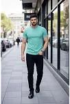 Erkek T-shirt Bisiklet Yaka Slim Fit Dar Kesim Likralı Tişört Günlük Basic Body - Turkuvaz