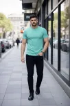 Erkek T-shirt Bisiklet Yaka Slim Fit Dar Kesim Likralı Tişört Günlük Basic Body - Turkuvaz Erkek T-shirt Bisiklet Yaka Slim Fit Dar Kesim Likralı Tişört Günlük Basic Body - Turkuvaz