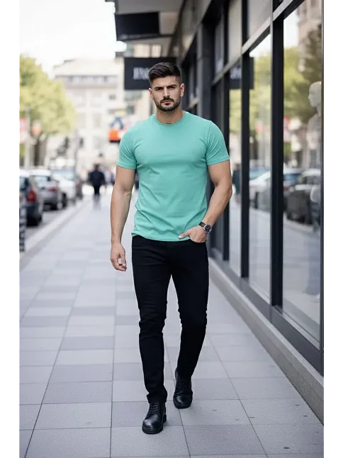 Erkek T-shirt Bisiklet Yaka Slim Fit Dar Kesim Likralı Tişört Günlük Basic Body - Turkuvaz