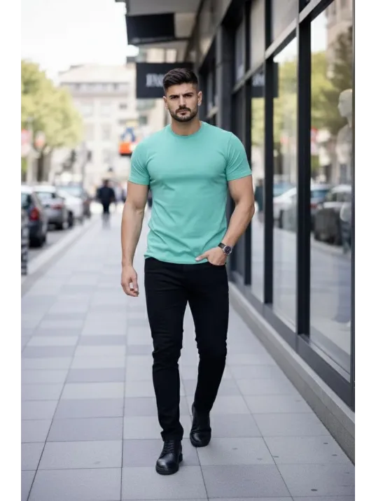 Erkek T-shirt Bisiklet Yaka Slim Fit Dar Kesim Likralı Tişört Günlük Basic Body - Turkuvaz Erkek T-shirt Bisiklet Yaka Slim Fit Dar Kesim Likralı Tişört Günlük Basic Body - Turkuvaz