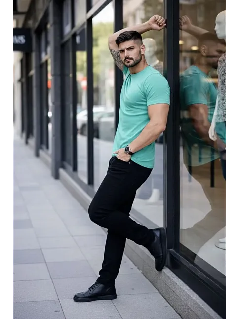 Erkek T-shirt Bisiklet Yaka Slim Fit Dar Kesim Likralı Tişört Günlük Basic Body - Turkuvaz