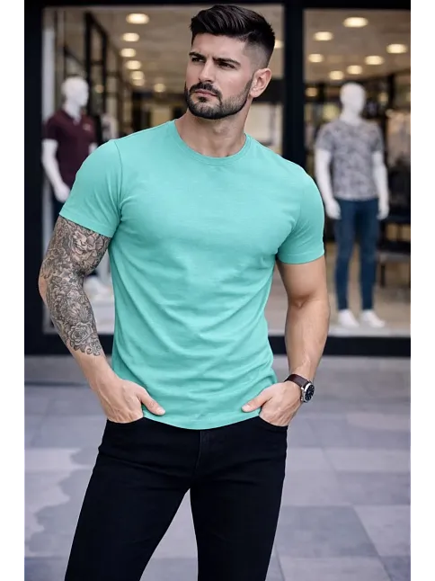 Erkek T-shirt Bisiklet Yaka Slim Fit Dar Kesim Likralı Tişört Günlük Basic Body - Turkuvaz
