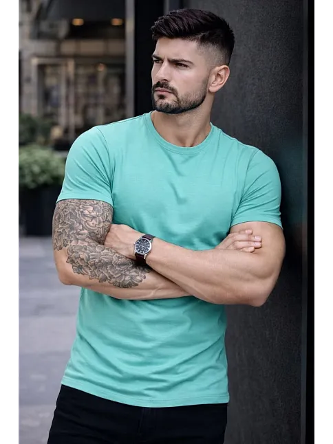 Erkek T-shirt Bisiklet Yaka Slim Fit Dar Kesim Likralı Tişört Günlük Basic Body - Turkuvaz