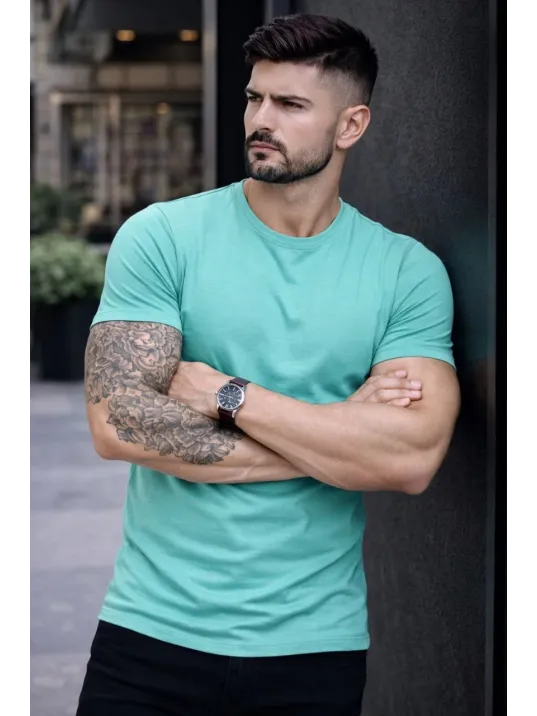 Erkek T-shirt Bisiklet Yaka Slim Fit Dar Kesim Likralı Tişört Günlük Basic Body - Turkuvaz Erkek T-shirt Bisiklet Yaka Slim Fit Dar Kesim Likralı Tişört Günlük Basic Body - Turkuvaz