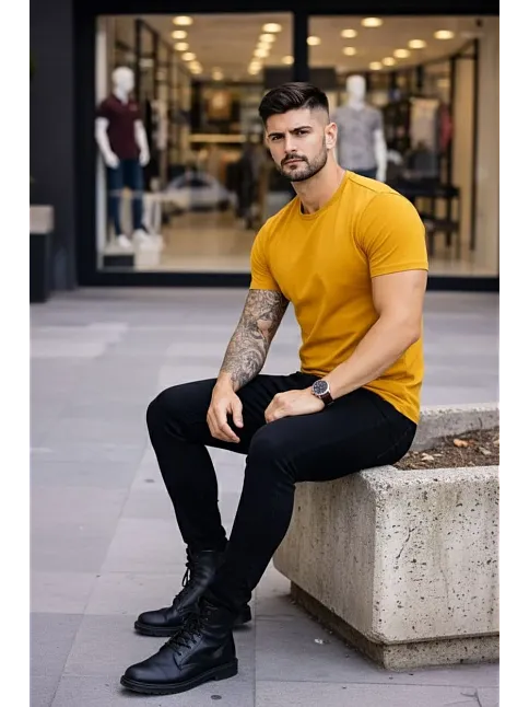 Erkek T-shirt Bisiklet Yaka Slim Fit Dar Kesim Likralı Tişört Günlük Basic Body - Limon