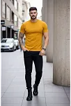 Erkek T-shirt Bisiklet Yaka Slim Fit Dar Kesim Likralı Tişört Günlük Basic Body - Limon