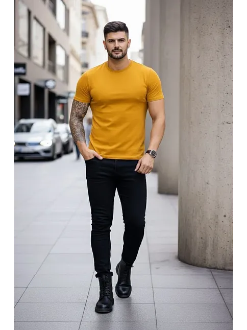 Erkek T-shirt Bisiklet Yaka Slim Fit Dar Kesim Likralı Tişört Günlük Basic Body - Limon