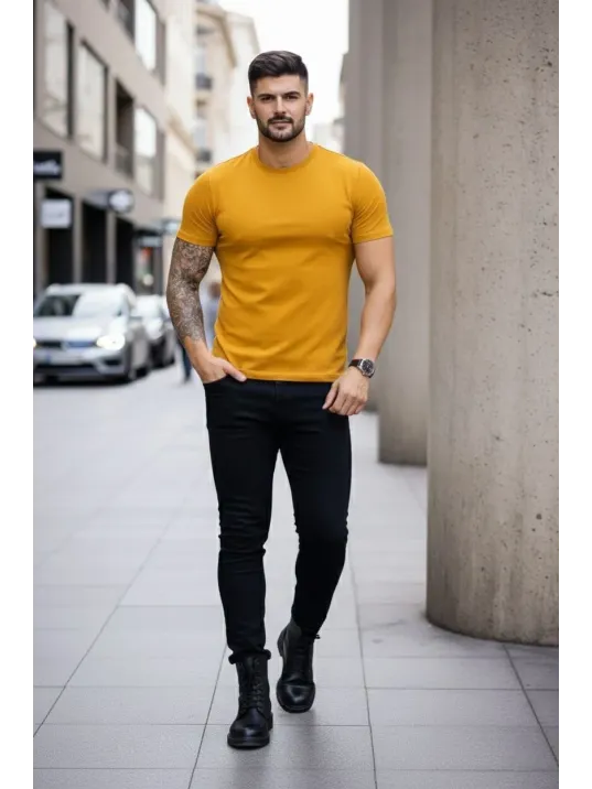 Erkek T-shirt Bisiklet Yaka Slim Fit Dar Kesim Likralı Tişört Günlük Basic Body - Limon Erkek T-shirt Bisiklet Yaka Slim Fit Dar Kesim Likralı Tişört Günlük Basic Body - Limon