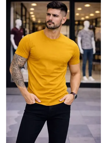 Erkek T-shirt Bisiklet Yaka Slim Fit Dar Kesim Likralı Tişört Günlük Basic Body - Limon