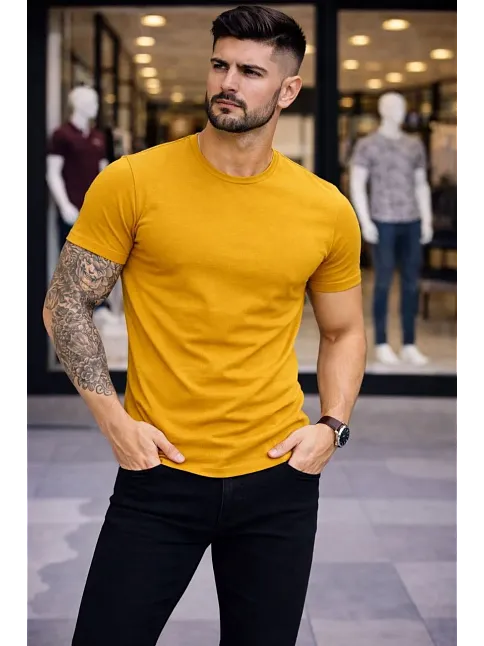 Erkek T-shirt Bisiklet Yaka Slim Fit Dar Kesim Likralı Tişört Günlük Basic Body - Limon