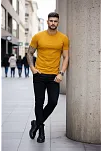 Erkek T-shirt Bisiklet Yaka Slim Fit Dar Kesim Likralı Tişört Günlük Basic Body - Limon