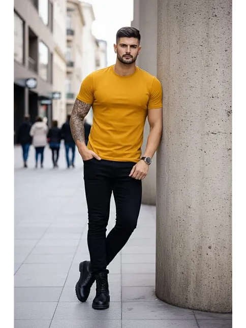 Erkek T-shirt Bisiklet Yaka Slim Fit Dar Kesim Likralı Tişört Günlük Basic Body - Limon