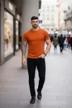 Erkek T-shirt Bisiklet Yaka Slim Fit Dar Kesim Likralı Tişört Günlük Basic Body - Koyu Turuncu