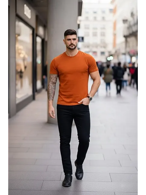 Erkek T-shirt Bisiklet Yaka Slim Fit Dar Kesim Likralı Tişört Günlük Basic Body - Koyu Turuncu