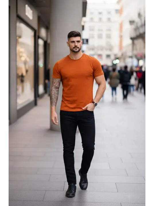 Erkek T-shirt Bisiklet Yaka Slim Fit Dar Kesim Likralı Tişört Günlük Basic Body - Koyu Turuncu