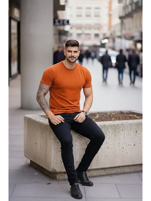 Erkek T-shirt Bisiklet Yaka Slim Fit Dar Kesim Likralı Tişört Günlük Basic Body - Koyu Turuncu