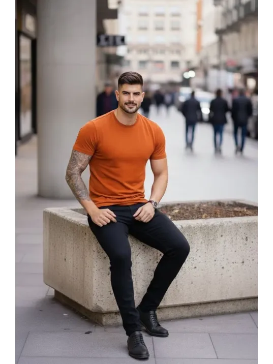Erkek T-shirt Bisiklet Yaka Slim Fit Dar Kesim Likralı Tişört Günlük Basic Body - Koyu Turuncu