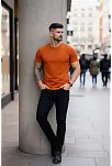 Erkek T-shirt Bisiklet Yaka Slim Fit Dar Kesim Likralı Tişört Günlük Basic Body - Koyu Turuncu