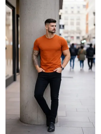 Erkek T-shirt Bisiklet Yaka Slim Fit Dar Kesim Likralı Tişört Günlük Basic Body - Koyu Turuncu Erkek T-shirt Bisiklet Yaka Slim Fit Dar Kesim Likralı Tişört Günlük Basic Body - Koyu Turuncu