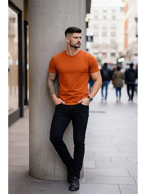 Erkek T-shirt Bisiklet Yaka Slim Fit Dar Kesim Likralı Tişört Günlük Basic Body - Koyu Turuncu