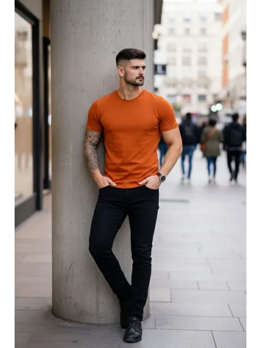 Erkek T-shirt Bisiklet Yaka Slim Fit Dar Kesim Likralı Tişört Günlük Basic Body - Koyu Turuncu