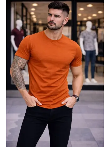 Erkek T-shirt Bisiklet Yaka Slim Fit Dar Kesim Likralı Tişört Günlük Basic Body - Koyu Turuncu