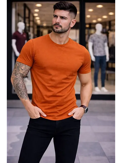 Erkek T-shirt Bisiklet Yaka Slim Fit Dar Kesim Likralı Tişört Günlük Basic Body - Koyu Turuncu