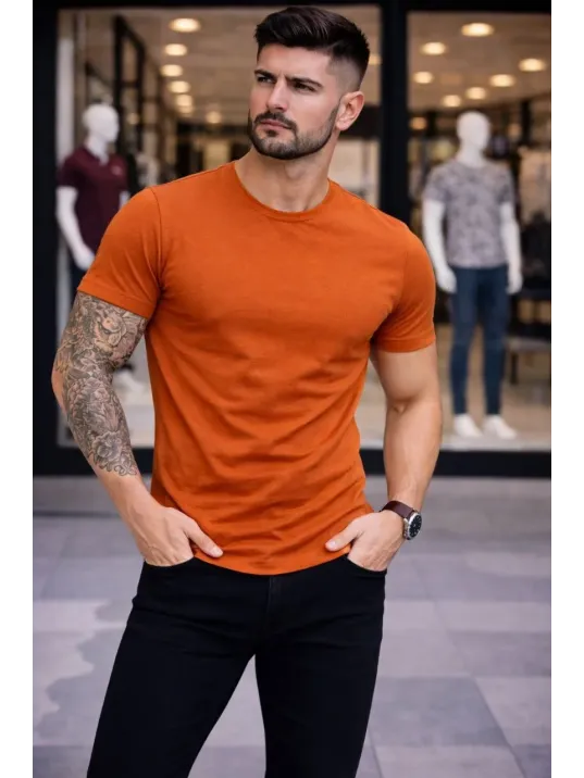 Erkek T-shirt Bisiklet Yaka Slim Fit Dar Kesim Likralı Tişört Günlük Basic Body - Koyu Turuncu